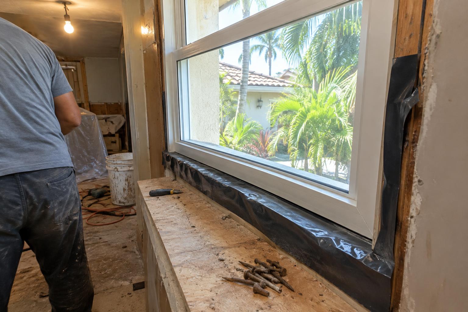 An impact-rated window unit dry-fitted into a stucco opening with peel-and-stick flashing tape along the sill and corroded old nails pulled and set on the plywood