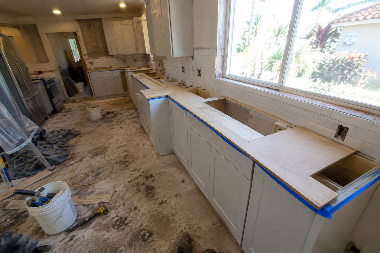 Thin plywood template strips laid across newly installed base cabinets, with the sink cutout marked in pencil and blue painter's tape on the cabinet edges.